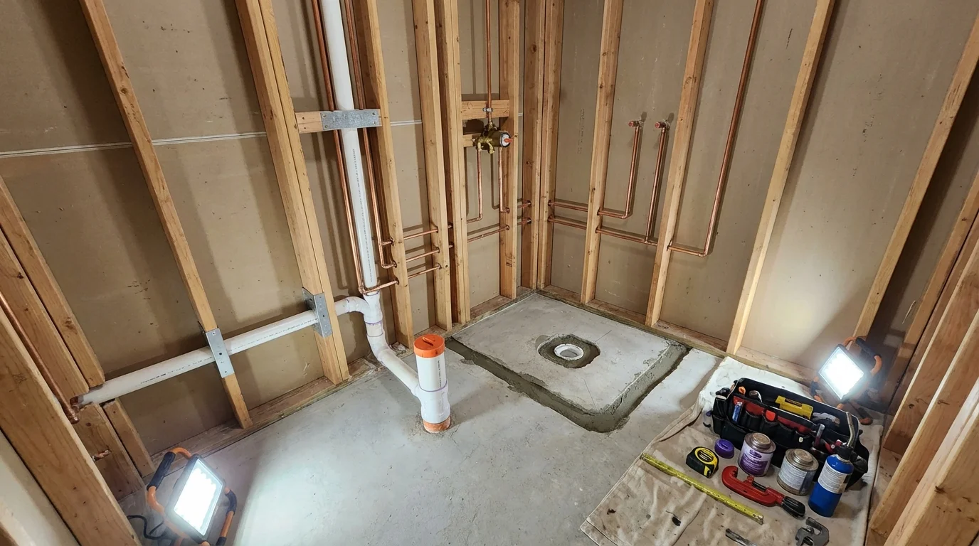 Bathroom rough-in plumbing during remodel by Johns Plumbing LLC in Cudahy