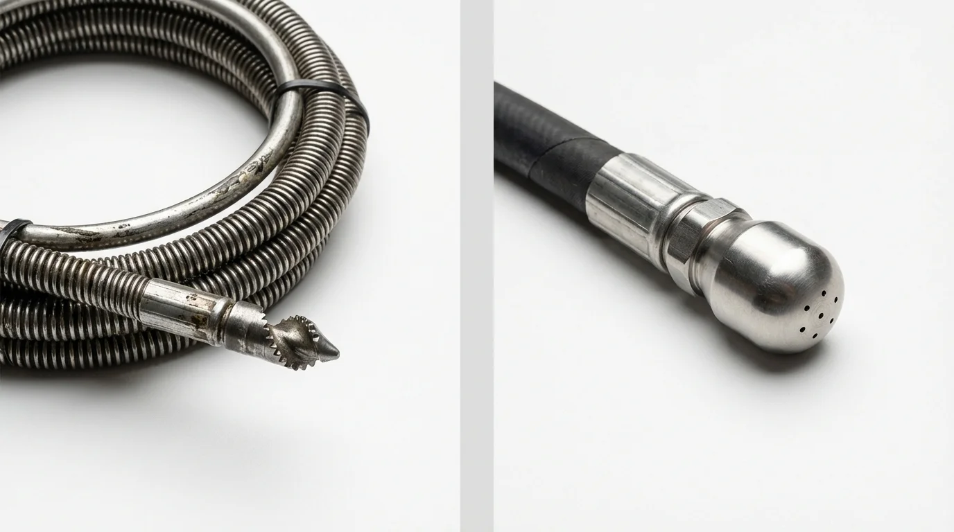 Drain snake cable and hydro jetting nozzle used for drain cleaning in Cudahy, WI