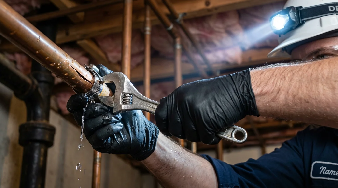 Emergency pipe clamp repair being performed by a Johns Plumbing LLC plumber in Cudahy