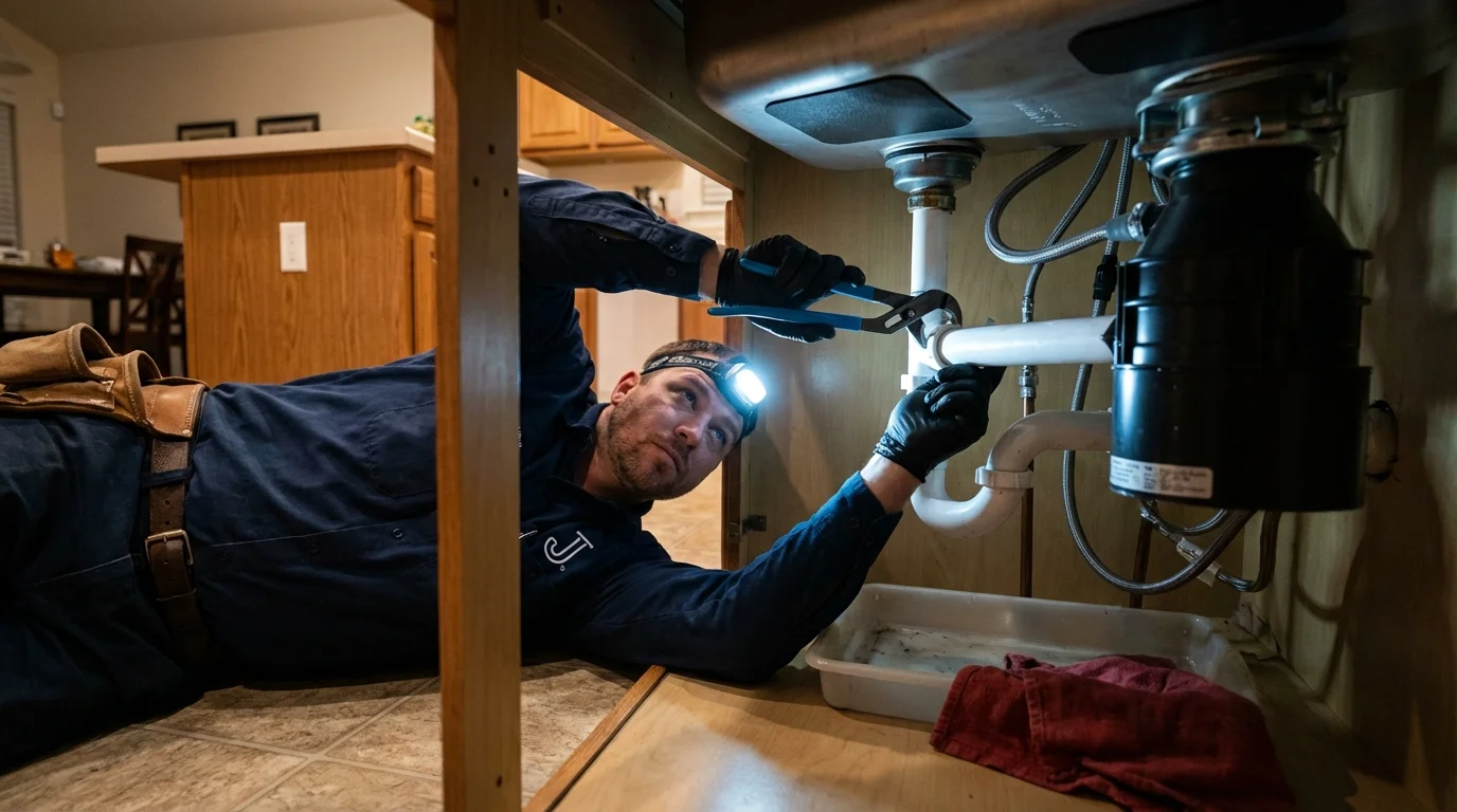 P-trap and supply line connections under a kitchen sink showing a common leak point in Cudahy, WI
